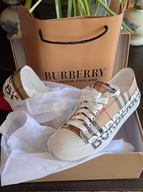 Burberry Beige Check Low-Top Sneakers with White Sole